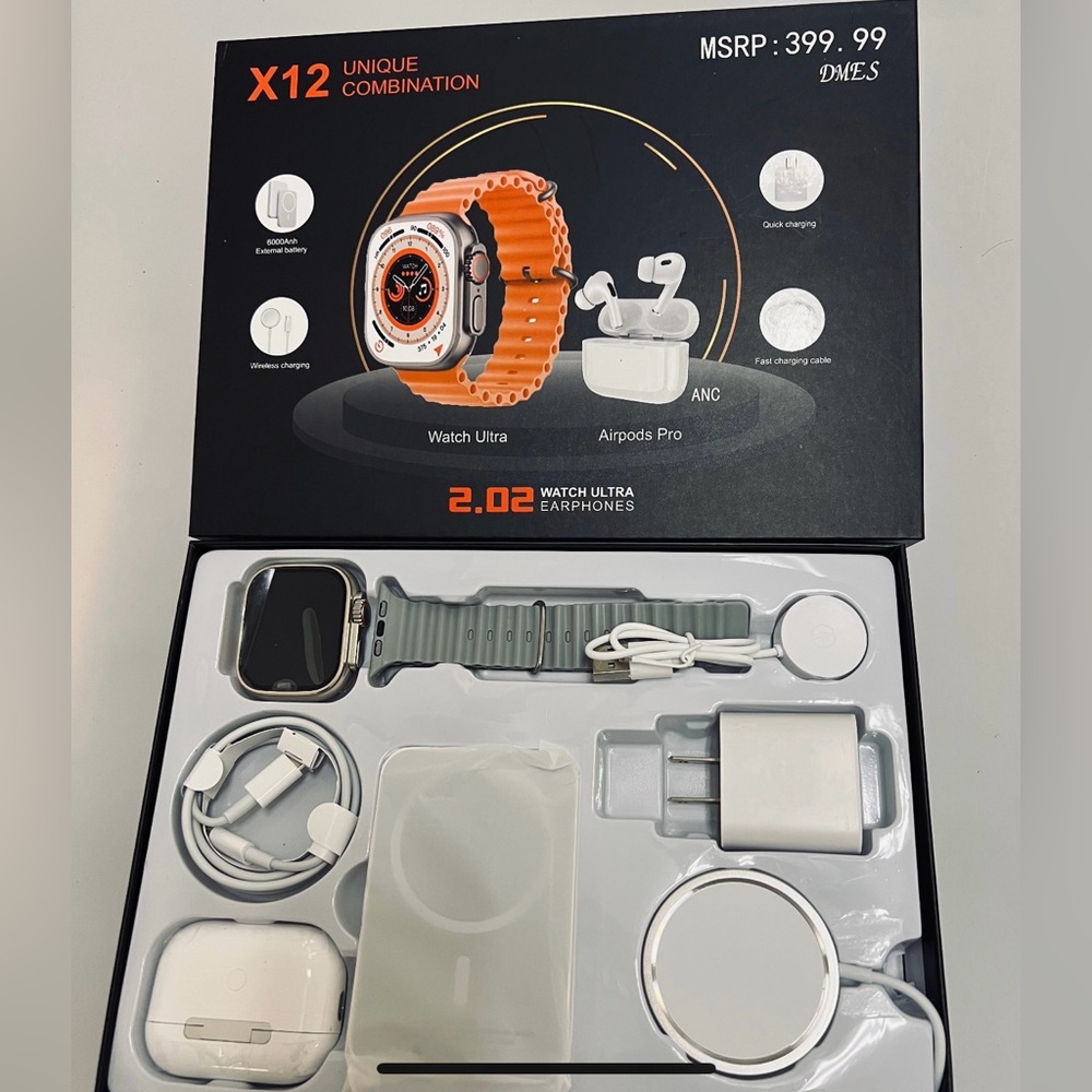 Smart watch bundle with magnetic wireless charger & ear buds